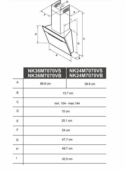 Schemat okapu kuchennego z wymiarami. Zawiera modele NK36M7070VS i NK24M7070VS, z wymiarami w cm.