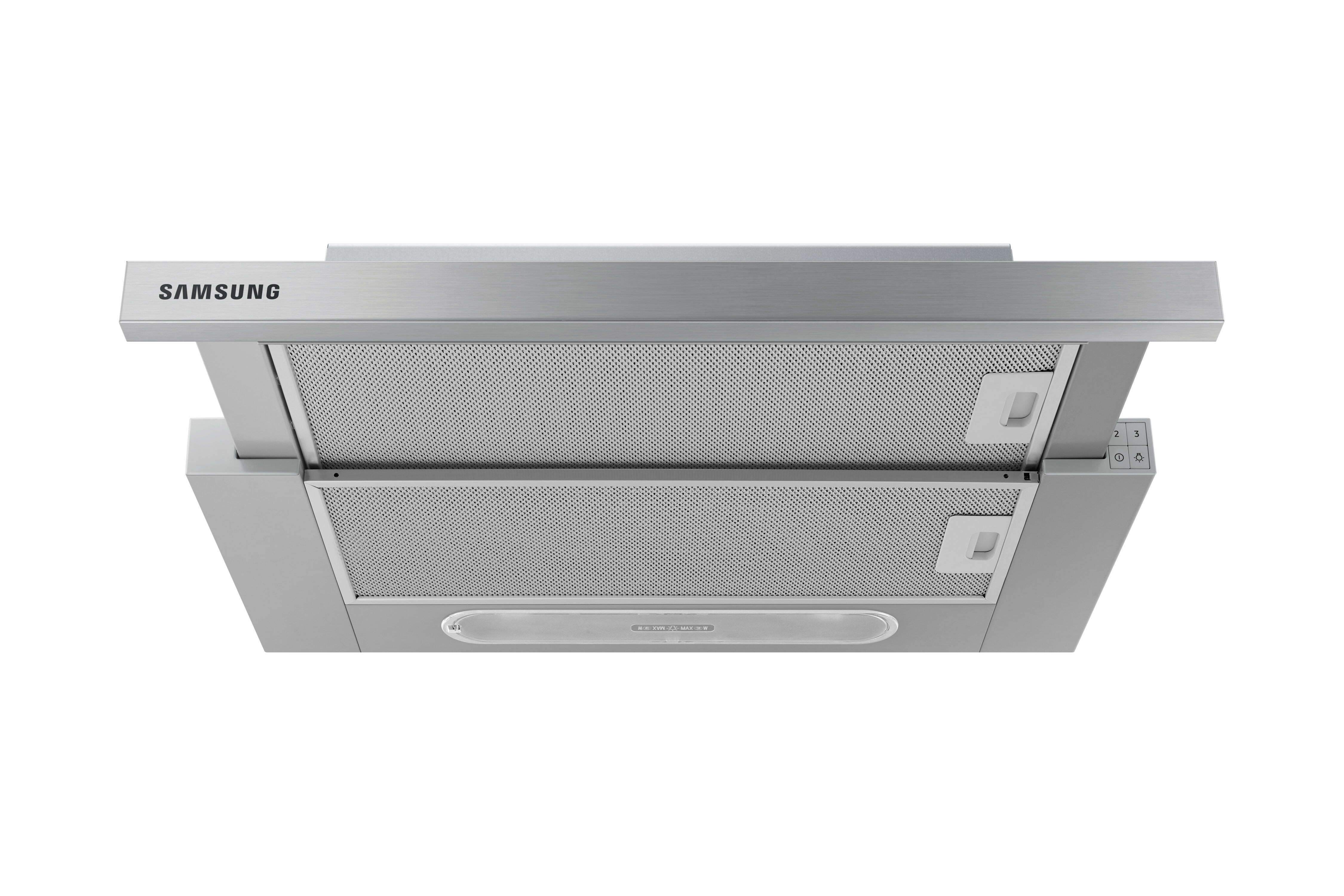 Srebrny okap kuchenny, widok z góry, z logo SAMSUNG. Widoczne są dwa filtry.