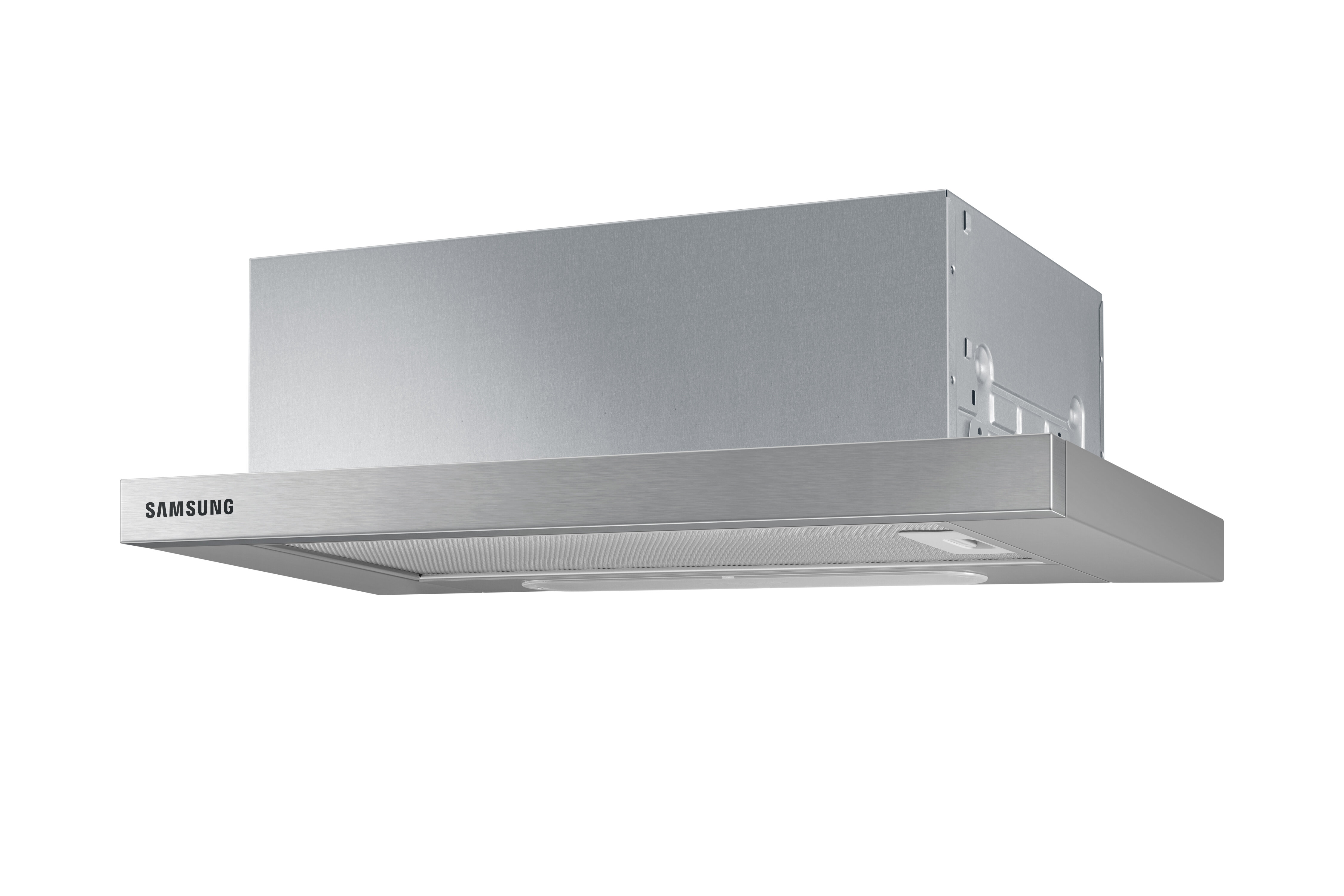 Srebrny okap kuchenny Samsung na białym tle.