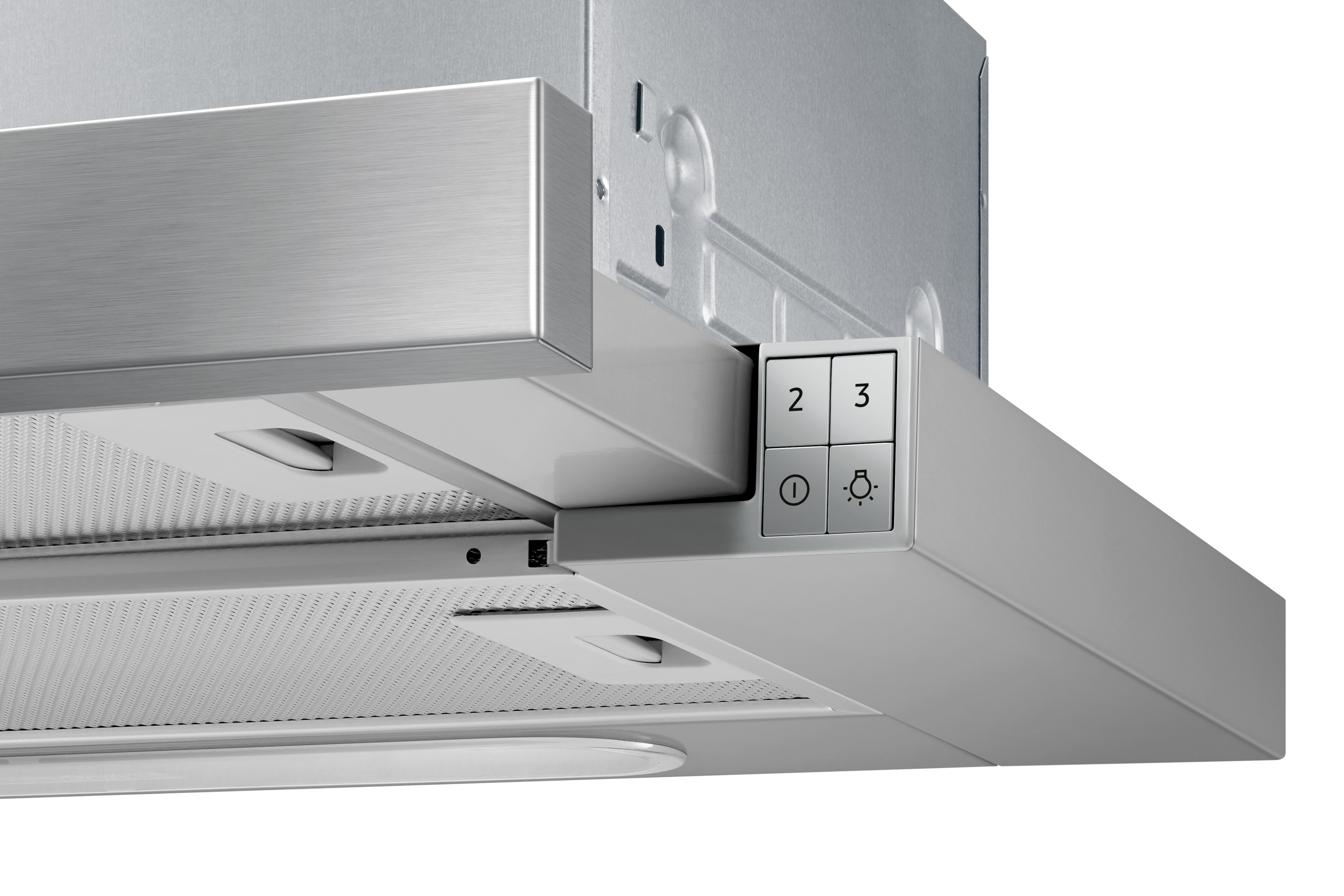 Zbliżenie srebrnego okapu z przyciskami: 1, 2, 3, światło i zasilanie.