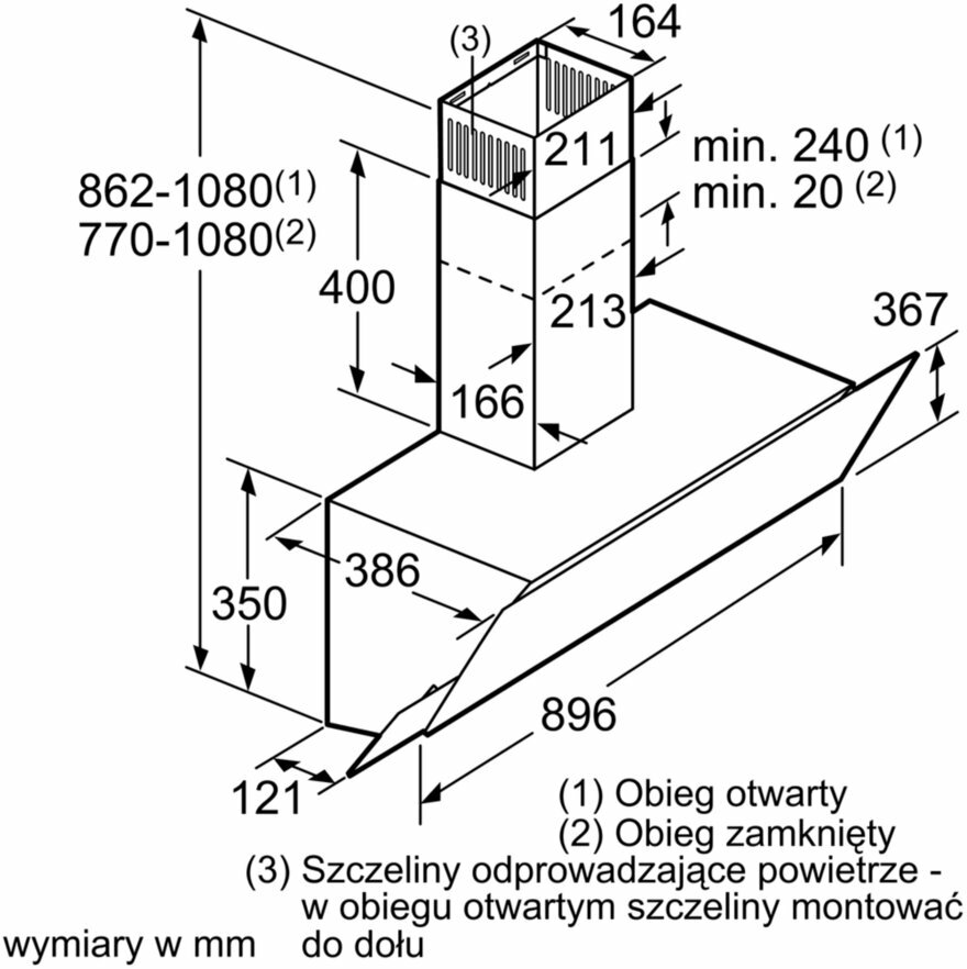 Rysunek techniczny okapu kuchennego z wymiarami w mm i etykietami.