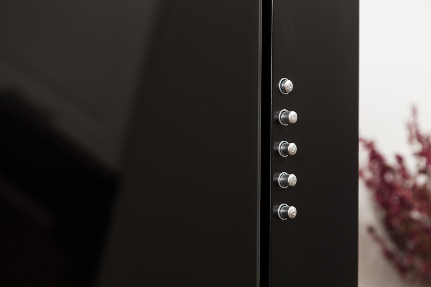 Czarna okap z srebrnymi przyciskami i kwiatami w tle.