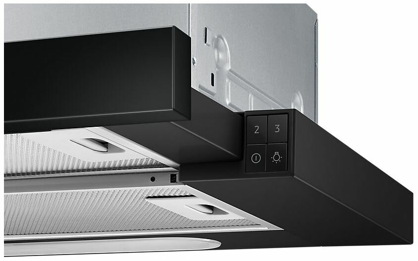 Czarny okap z przyciskami sterowania: 2, 3, zasilanie i światło.