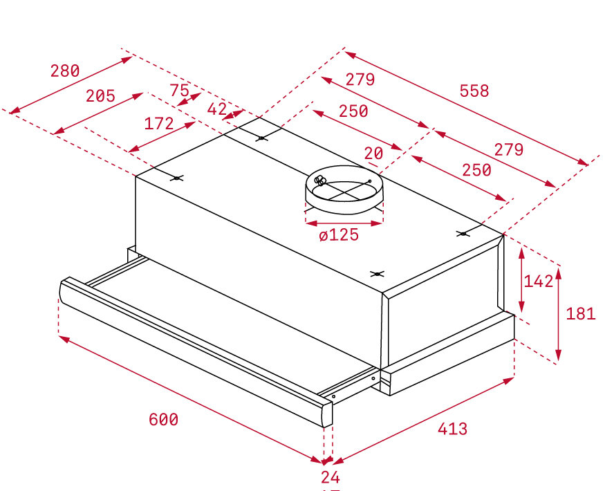 Schemat okapu kuchennego z wymiarami w milimetrach. Okap jest prostokątny, z okrągłym otworem wentylacyjnym i dolną, kątową częścią.