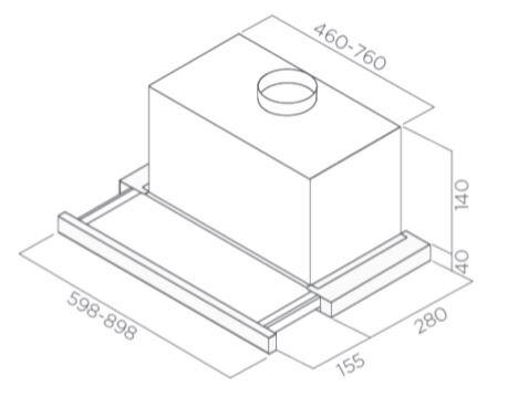Schemat okapu kuchennego z wymiarami: 460-760mm, 140mm, 40mm, 280mm, 155mm i 598-898mm. Jest to rysunek liniowy.