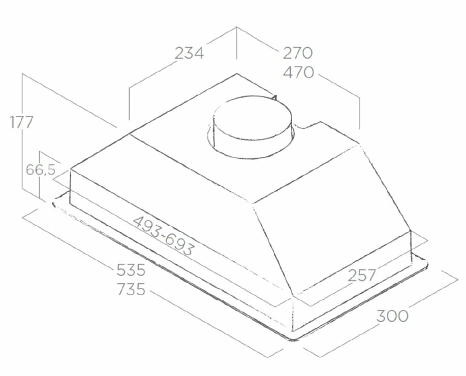 Schemat okapu kuchennego z wymiarami w milimetrach: 177, 234, 270, 300, 470, 493-693, 535, 735, 66,5 i 257.