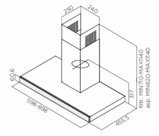 Diagram izometryczny okapu kuchennego z wymiarami. Zawiera prostokątną podstawę i komin. Oznakowany pomiarami.