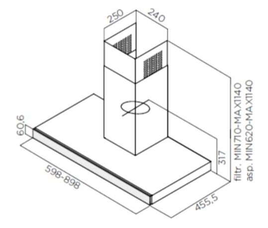 Rysunek izometryczny okapu, pokazujący wymiary w milimetrach: 60,6, 598-898, 250, 240, 455,5 i 317.