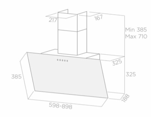 Schemat okapu kuchennego, pokazujący wymiary w milimetrach. Okap jest jasnoszary o prostokątnym kształcie.