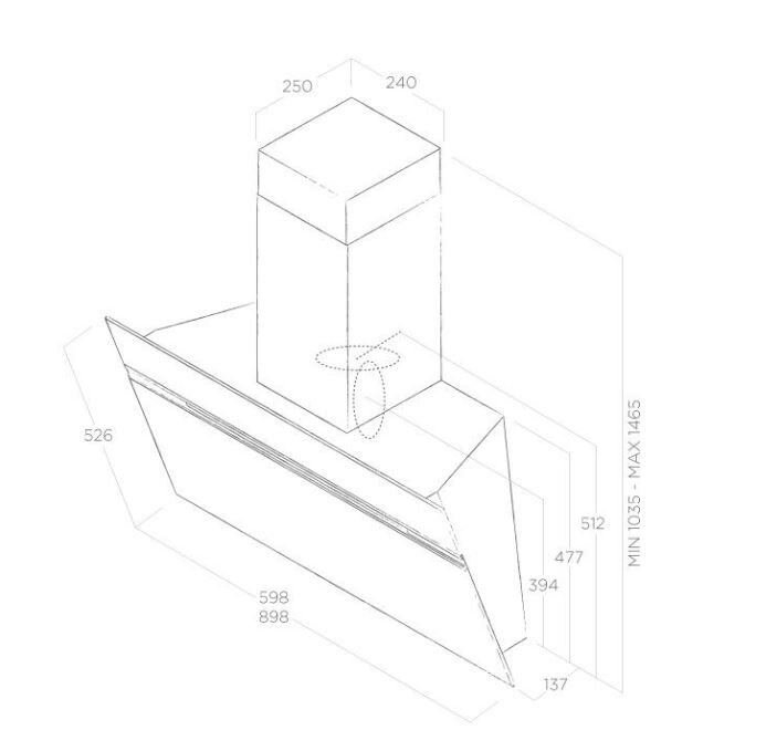 Schemat okapu kuchennego z wymiarami w milimetrach.