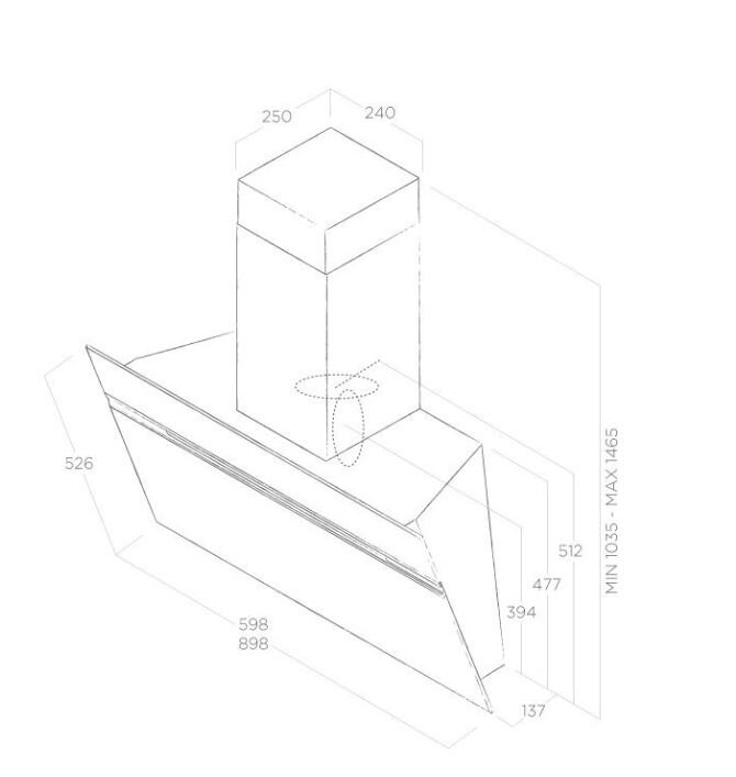 Rysunek izometryczny okapu kuchennego z wymiarami liczbowymi. Okap ma prostokątny wierzch i skośne dno.