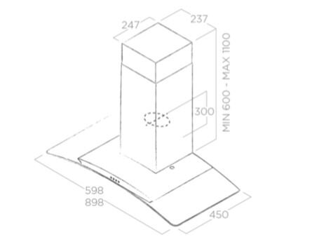 Ilustracja okapu kuchennego z wymiarami. Ma kształt prostokąta. Wymiary są oznaczone liczbami.