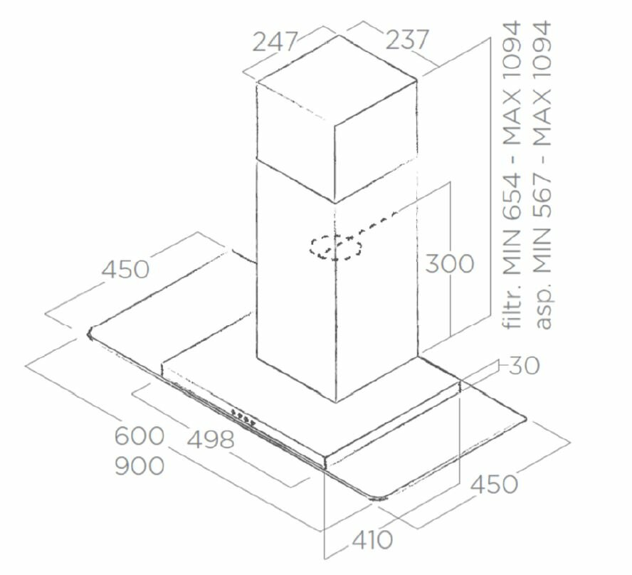 Rysunek izometryczny okapu kuchennego z wymiarami. Pokazuje prostokątną podstawę, centralną kolumnę i górne kwadratowe pudełko.