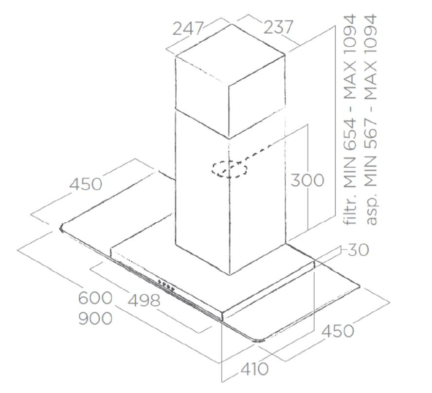 Rysunek techniczny okapu kuchennego z wymiarami. Pokazuje prostokątny okap z wymiarami w milimetrach.