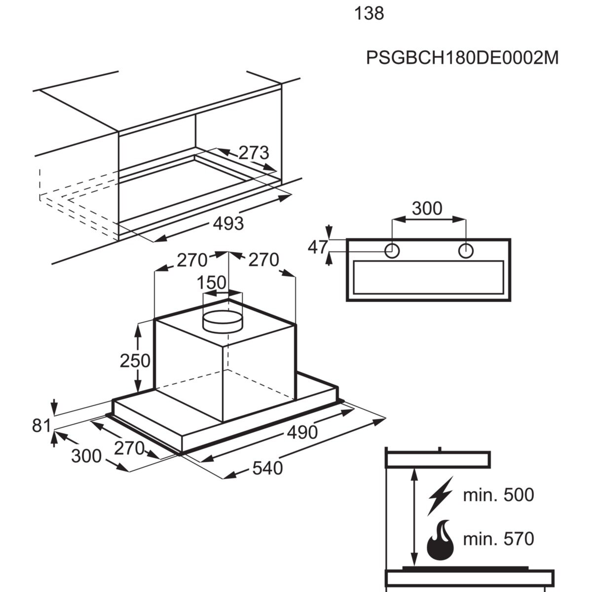 Rysunek techniczny okapu kuchennego z wymiarami i wskazówkami instalacji.
