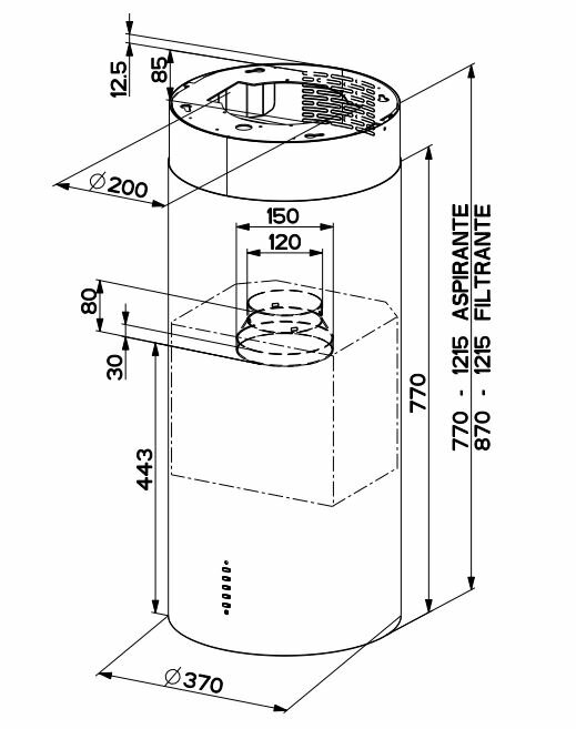Rysunek techniczny okapu kuchennego z wymiarami i detalami.