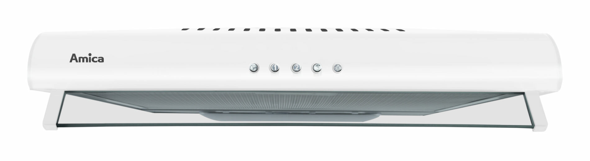 Biały okap Amica z przyciskami i szklanym panelem.