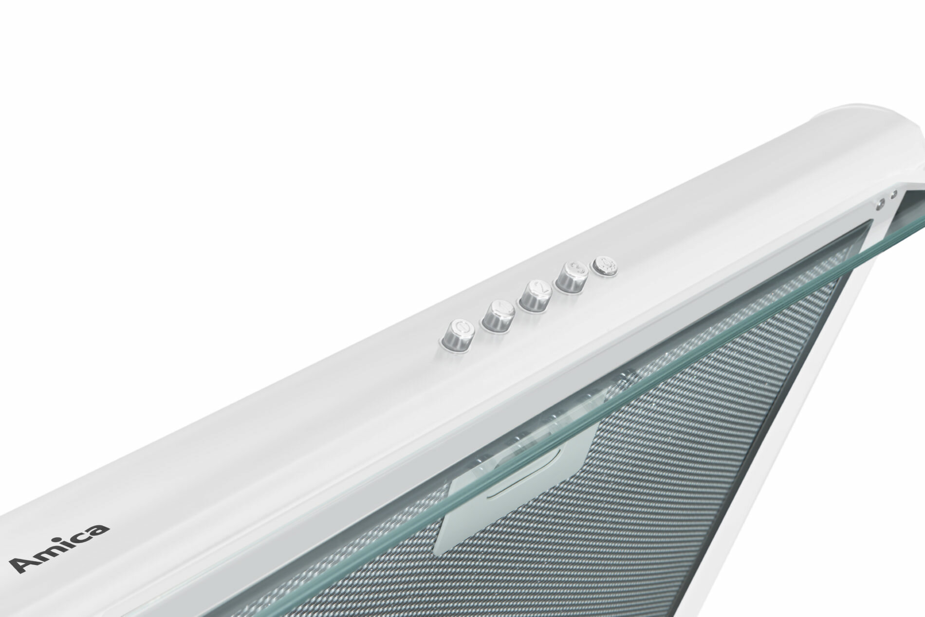 Biały okap z czterema srebrnymi przyciskami. Szklany panel poniżej. Marka Amica.