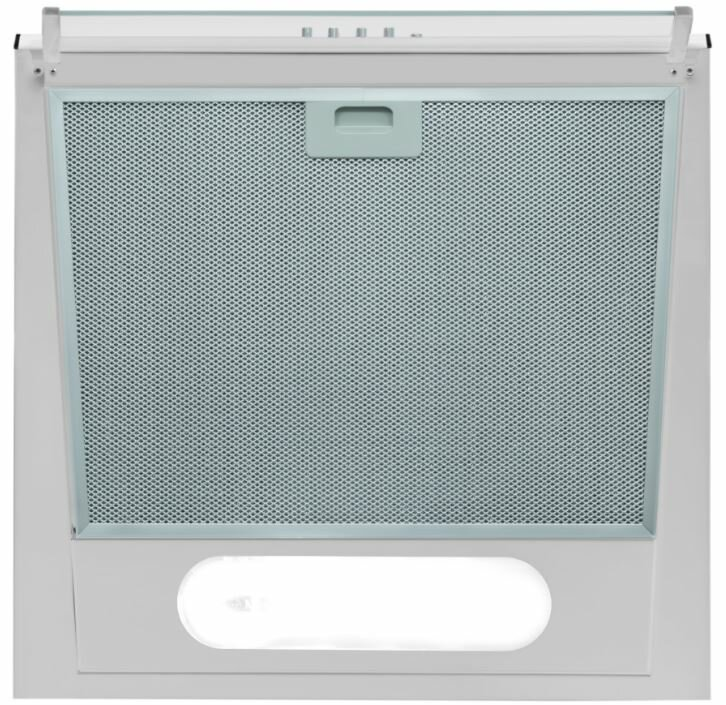 Biały okap z szarym filtrem siatkowym i światłem.