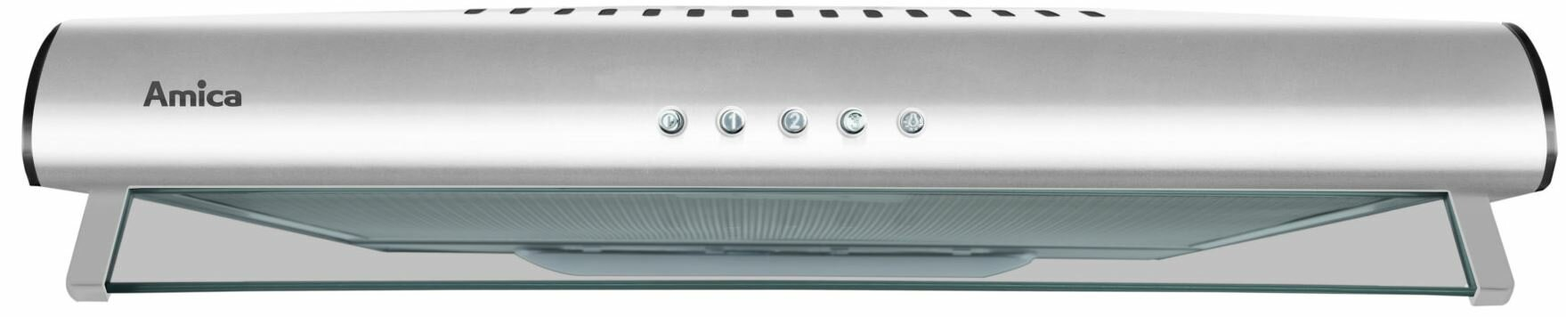 Okap kuchenny Amica z przyciskami sterowania i szklanym panelem.