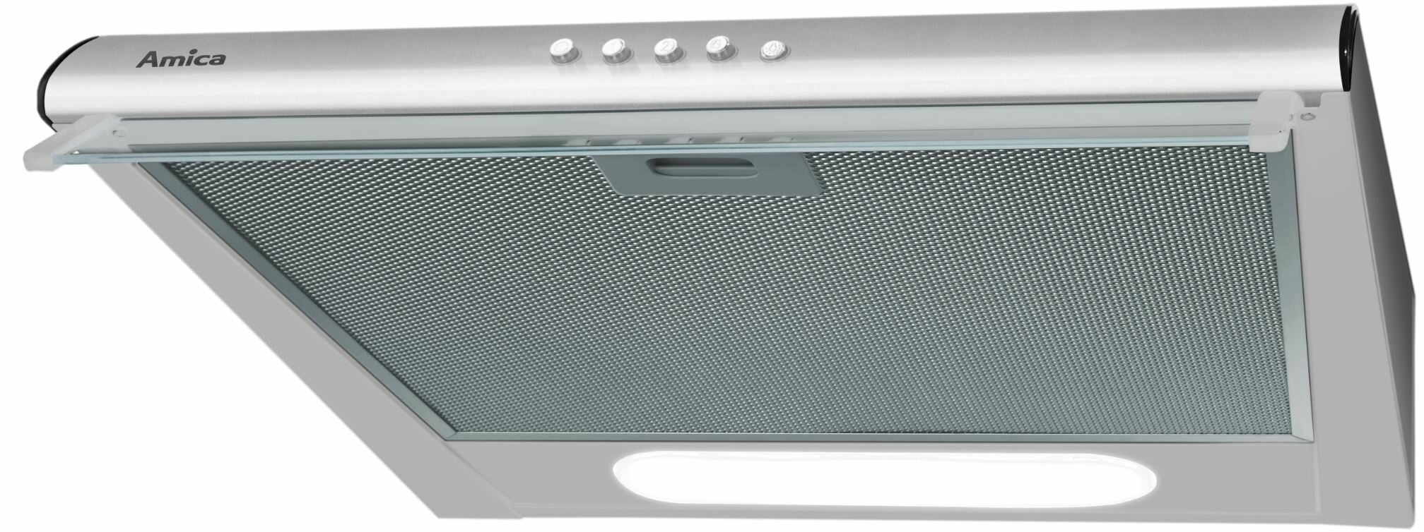 Srebrny okap. Ma prostokątny kształt z szklanym panelem i światłami.