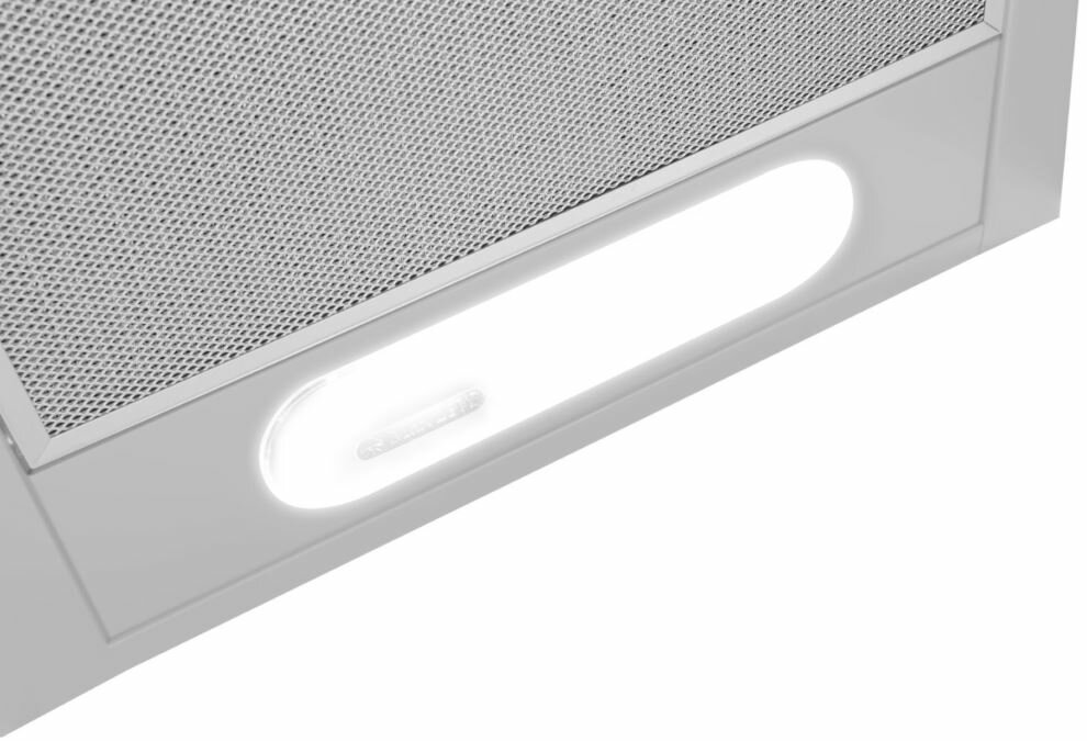 Biały okap kuchenny z jasnym, wydłużonym oświetleniem.