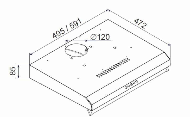 Widok z góry na okap z wymiarami i okrągłym otworem wentylacyjnym.
