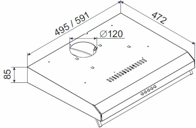 Rysunek techniczny okapu kuchennego. Wymiary i okrąg są opisane.