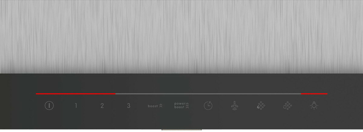 Panel sterowania płytą indukcyjną. Czerwony pasek, ponumerowane elementy sterujące i ikony.