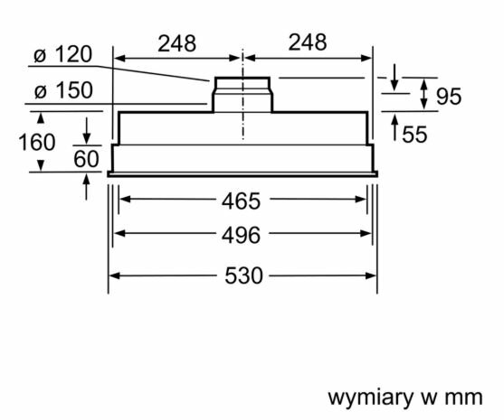 Rysunek techniczny z wymiarami okapu kuchennego, jednostki w mm.