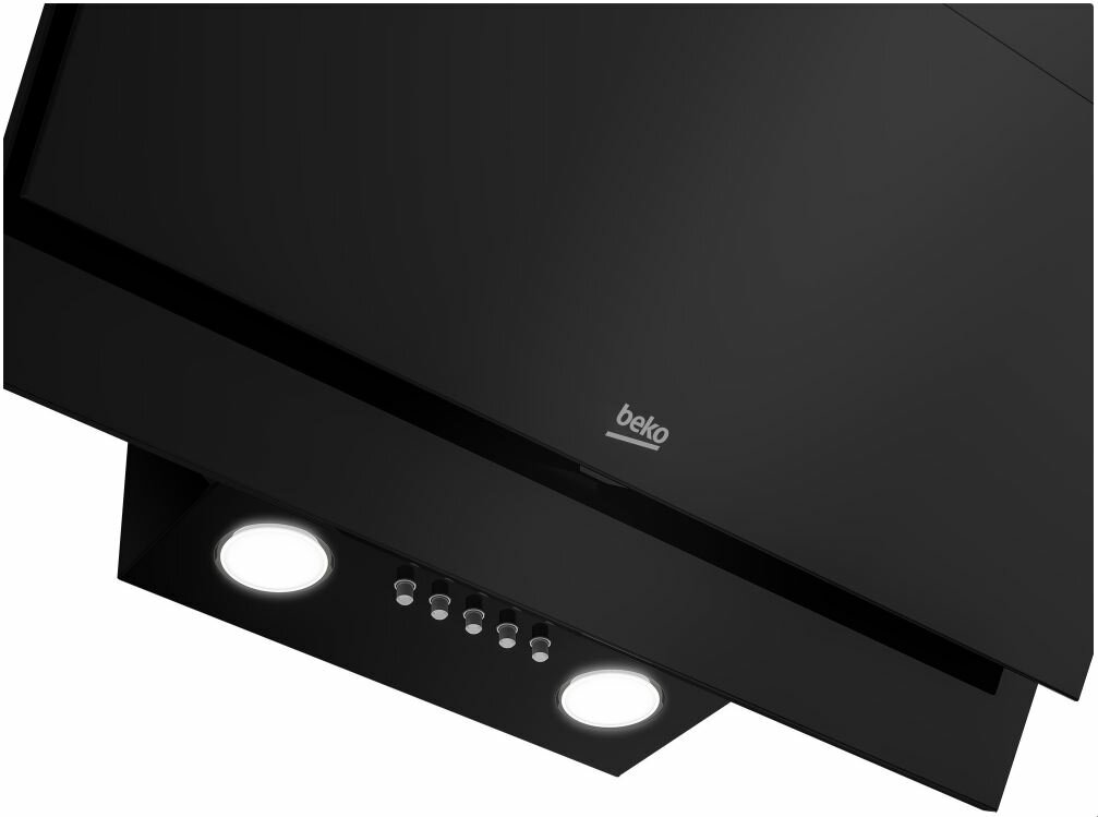 Czarny okap kuchenny z dwoma światłami i przyciskami sterowania, z logo beko.