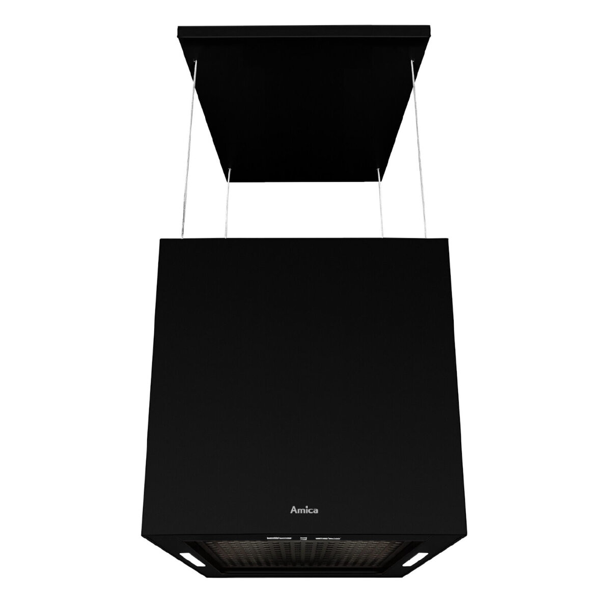 Czarny okap wiszący pod sufitem. Widoczna marka Amica.
