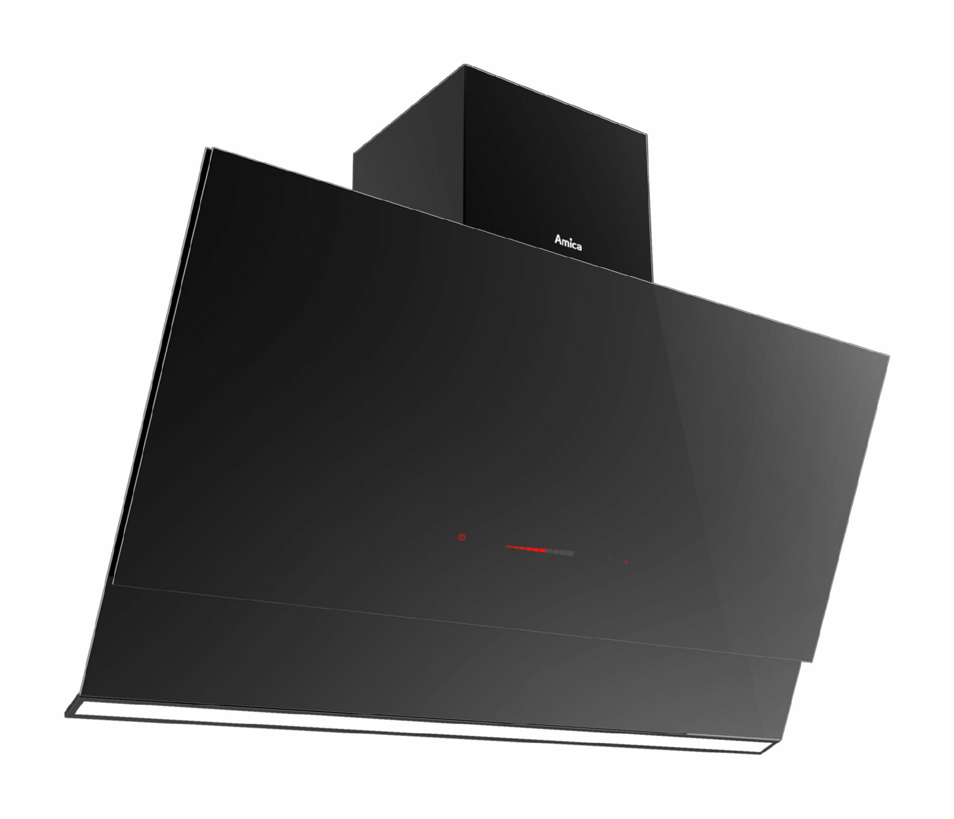Czarny okap Amica. Ma szklany front i czerwony wyświetlacz. Jest zamontowany na białej ścianie.