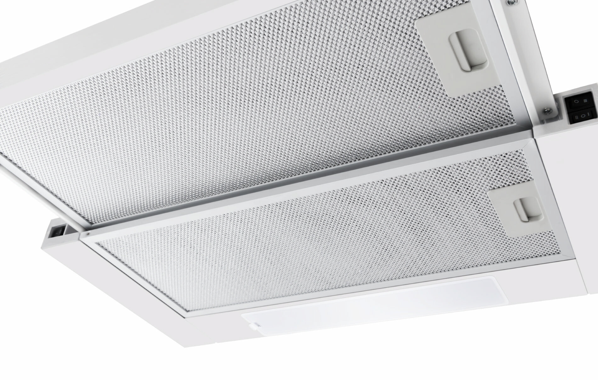 Biały okap kuchenny z dwoma filtrami siatkowymi i światłami, widok z boku.
