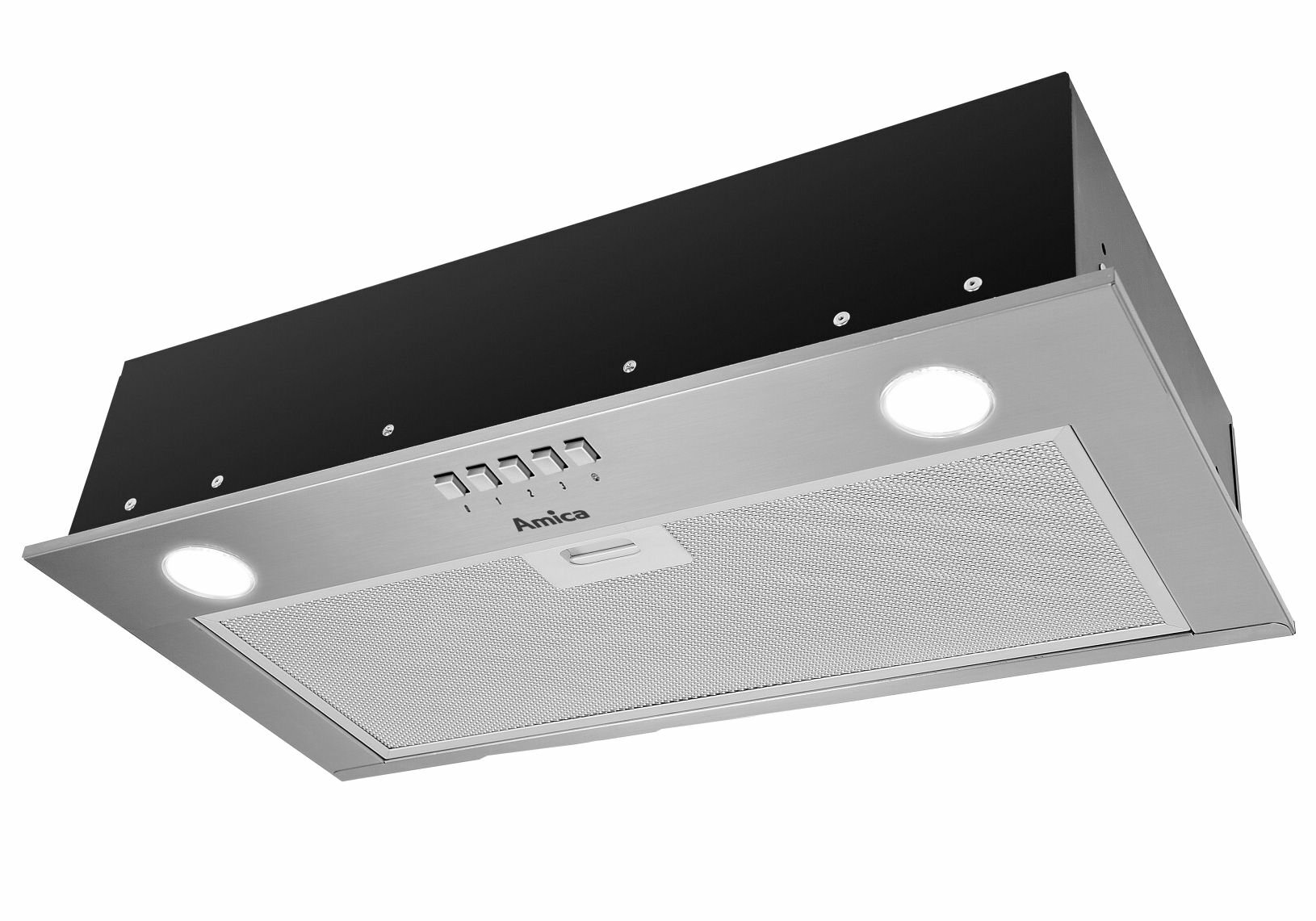 Srebrny okap Amica. Ma światła i przyciski. Tło jest białe.