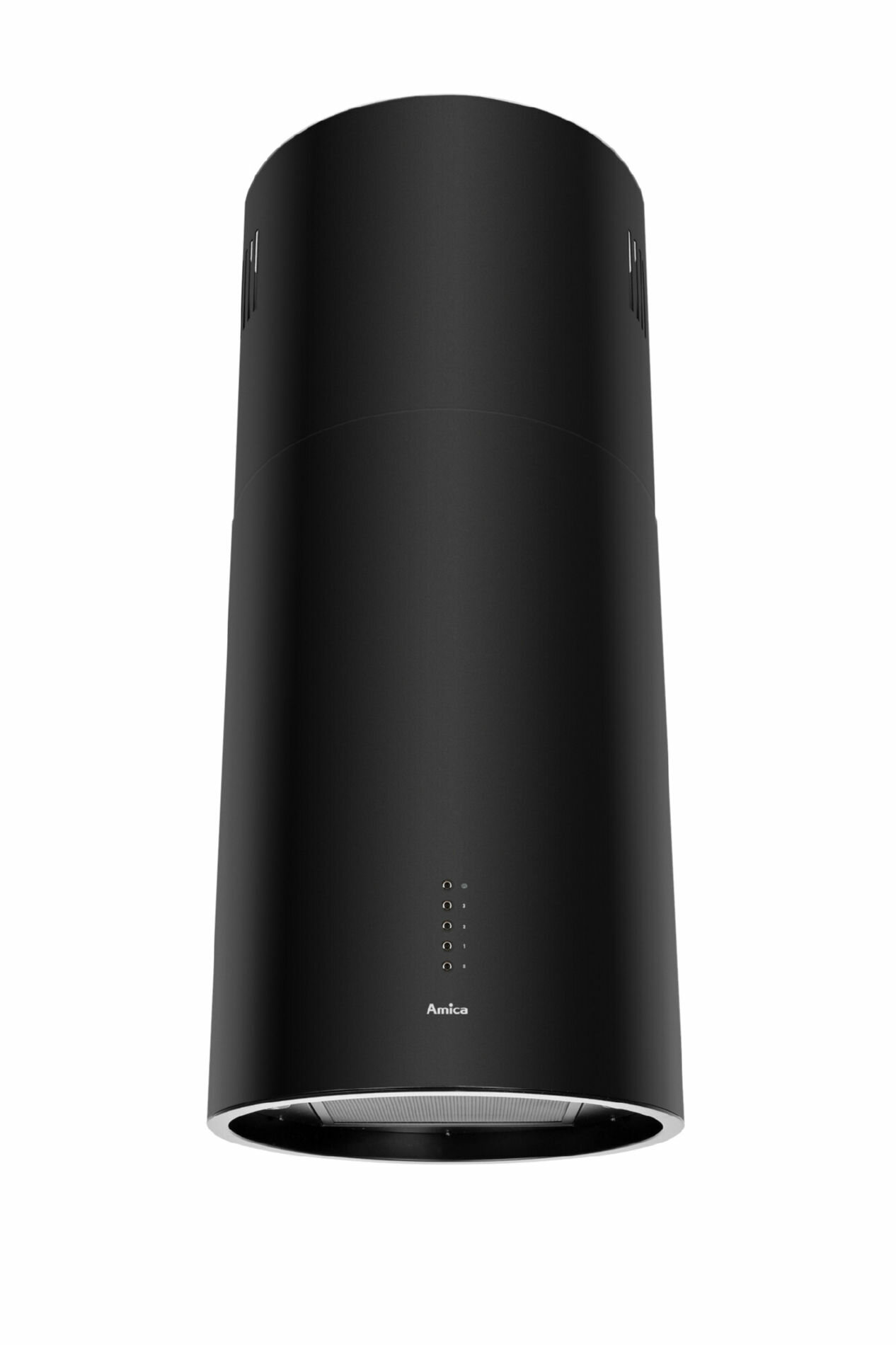 Czarny okap kuchenny. Cylindryczny kształt ze srebrnym wykończeniem i czterema światłami.