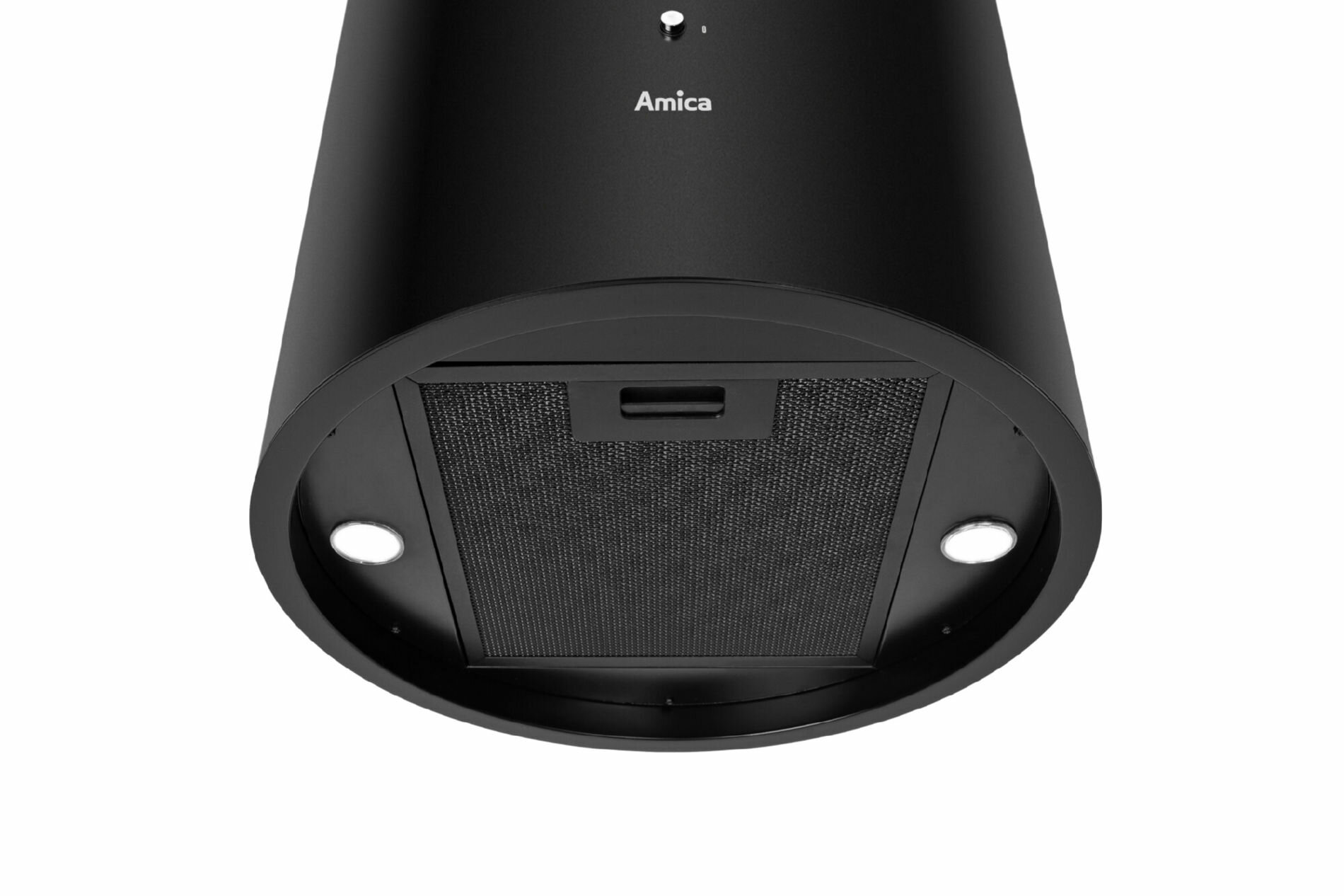 Czarny okap Amica, w kształcie cylindra, ze światłami na dole i filtrem siatkowym.