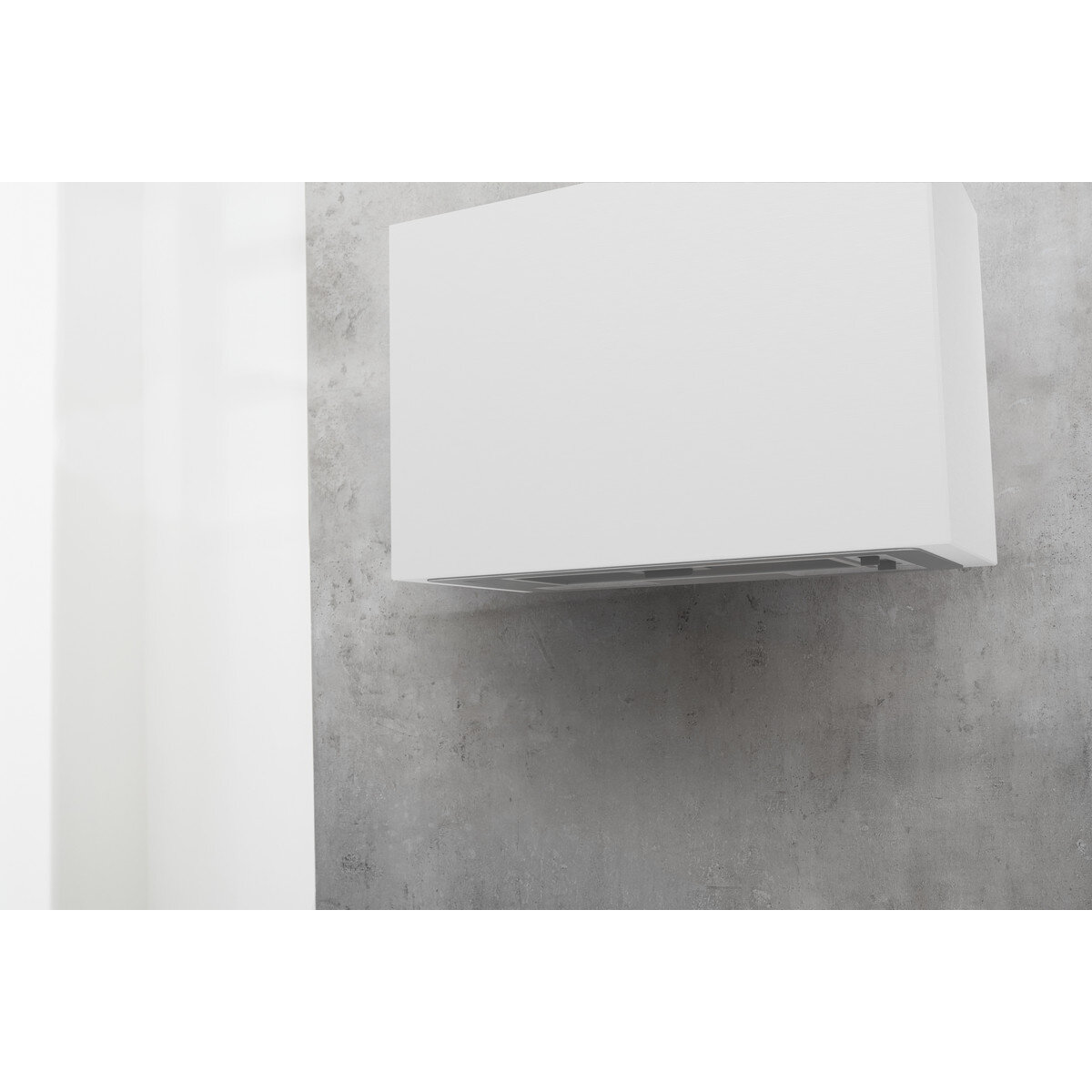 Biały okap kuchenny zamontowany na szarej ścianie. Prosty, minimalistyczny design.