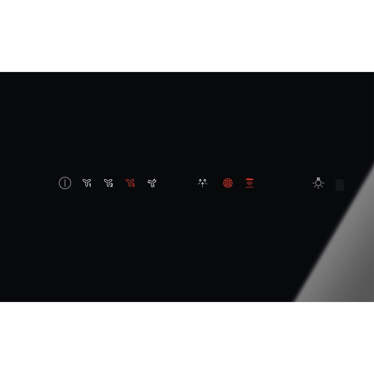 Czarny panel sterowania okapu z podświetlanymi czerwonymi ikonami na czarnym tle.