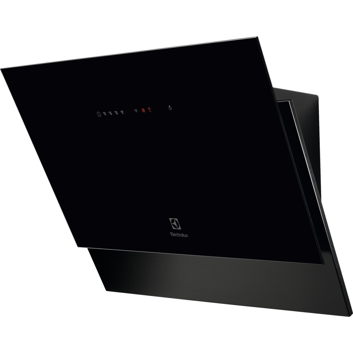 Czarny okap z panelem sterowania i logo Electrolux.