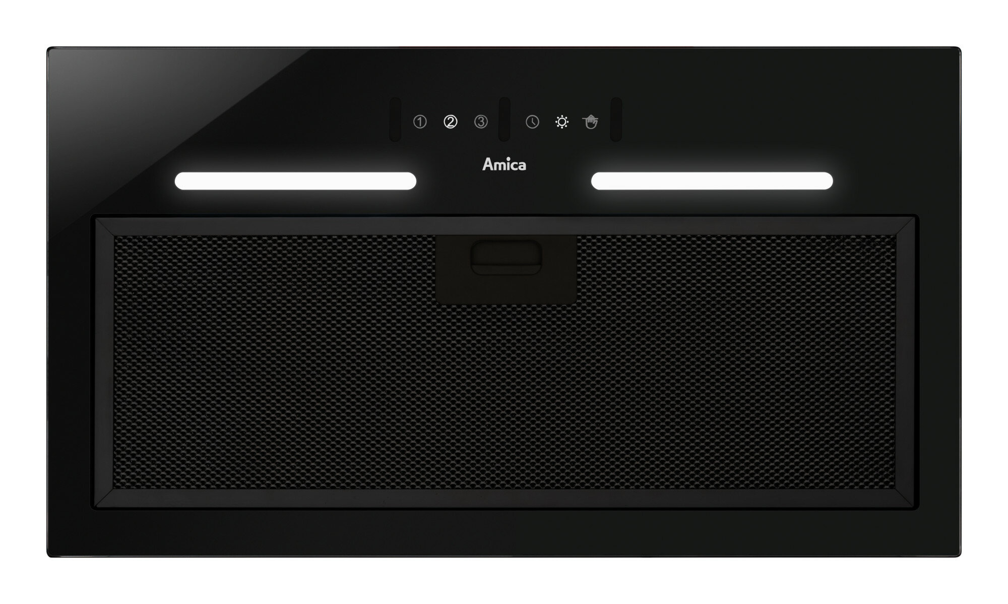 Czarny okap kuchenny z filtrem siatkowym, marki Amica i panelem sterowania.