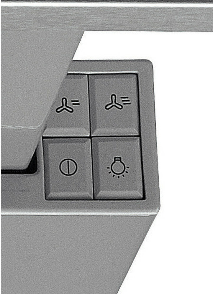 Zbliżenie przycisków sterowania okapem: wentylator, światło, zasilanie.