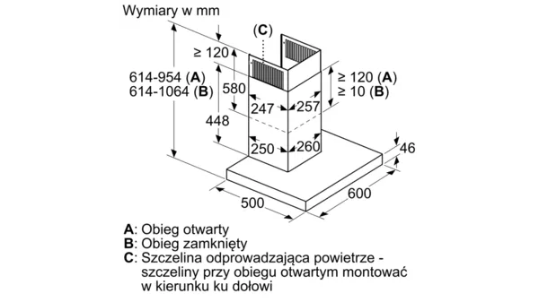 Rysunek techniczny okapu kuchennego z wymiarami w milimetrach i opisami w języku polskim.