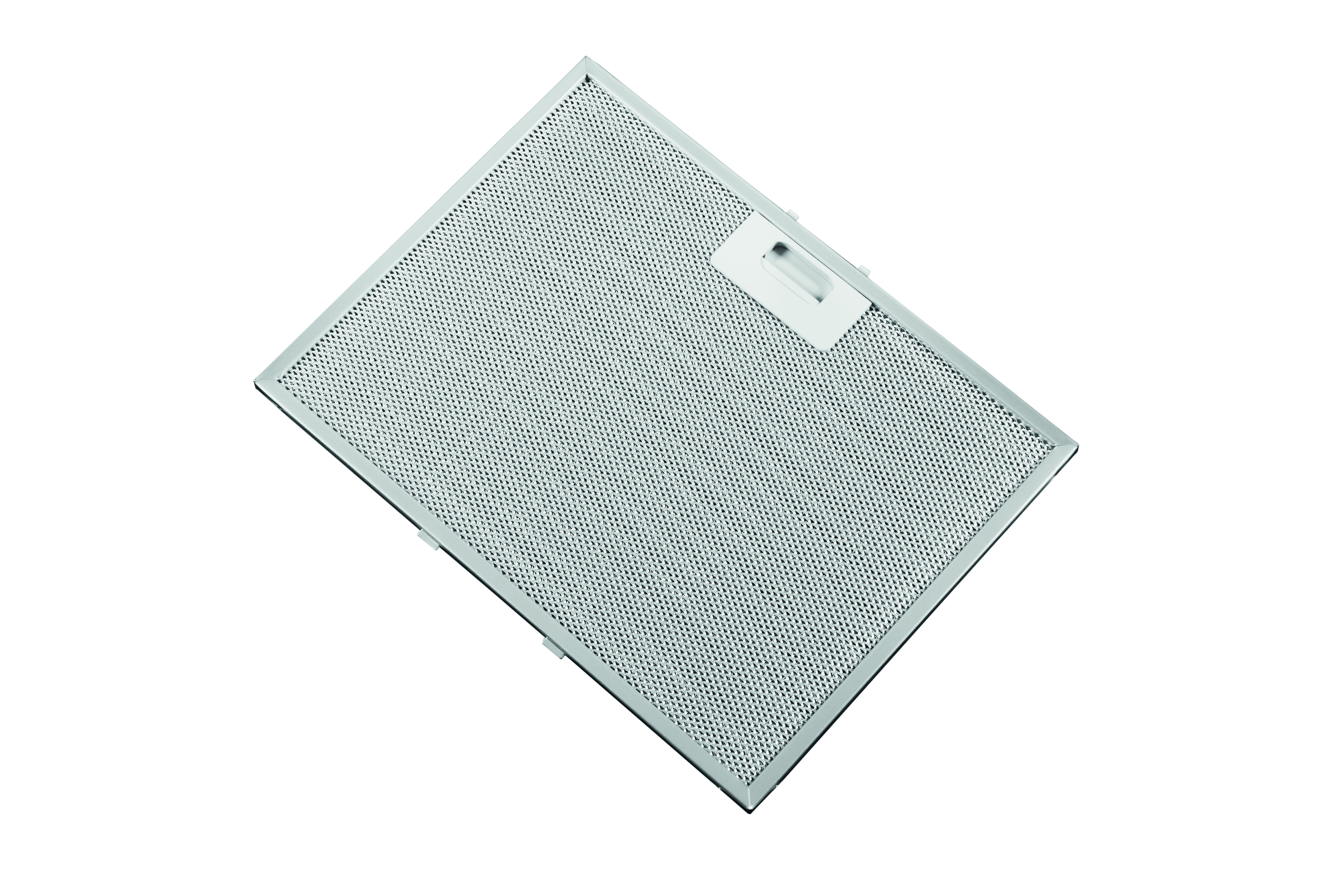 Metalowy filtr siatkowy, prostokątny, z białym uchwytem.