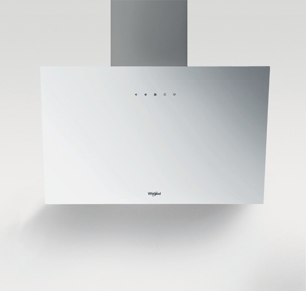 Biały okap kuchenny. Ma cztery przyciski i markę Whirlpool.