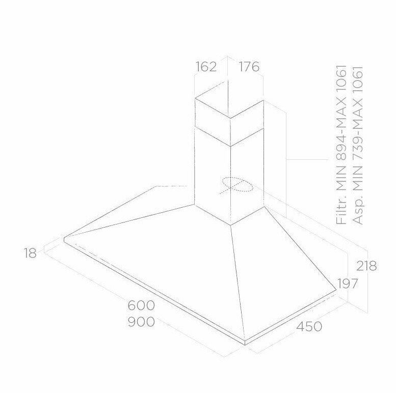 Biały okap kuchenny z wymiarami w czarnych liniach i liczbach.