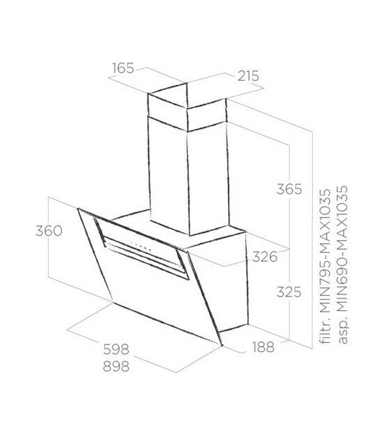 Rysunek linii okapu pokazujący wymiary. Okap ma kształt trapezu.