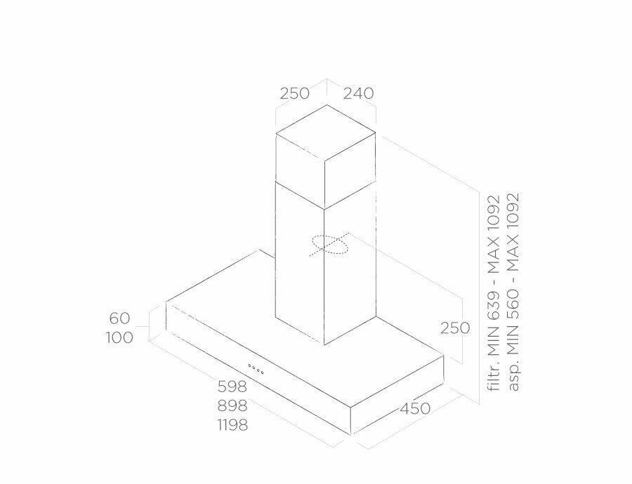 Widok od spodu czarnego i srebrnego okapu kuchennego. Ma filtr.