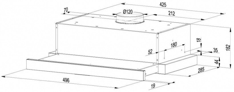 Schemat okapu kuchennego z wymiarami oznaczonymi w milimetrach. Widok z góry i profil boczny.