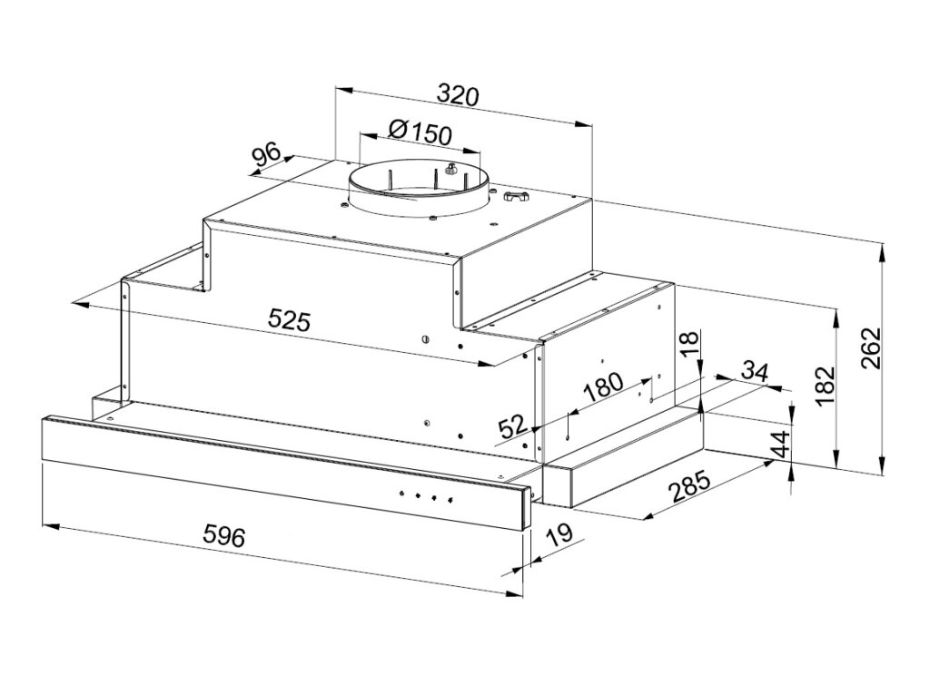 Schemat okapu pokazujący wymiary i pomiary.